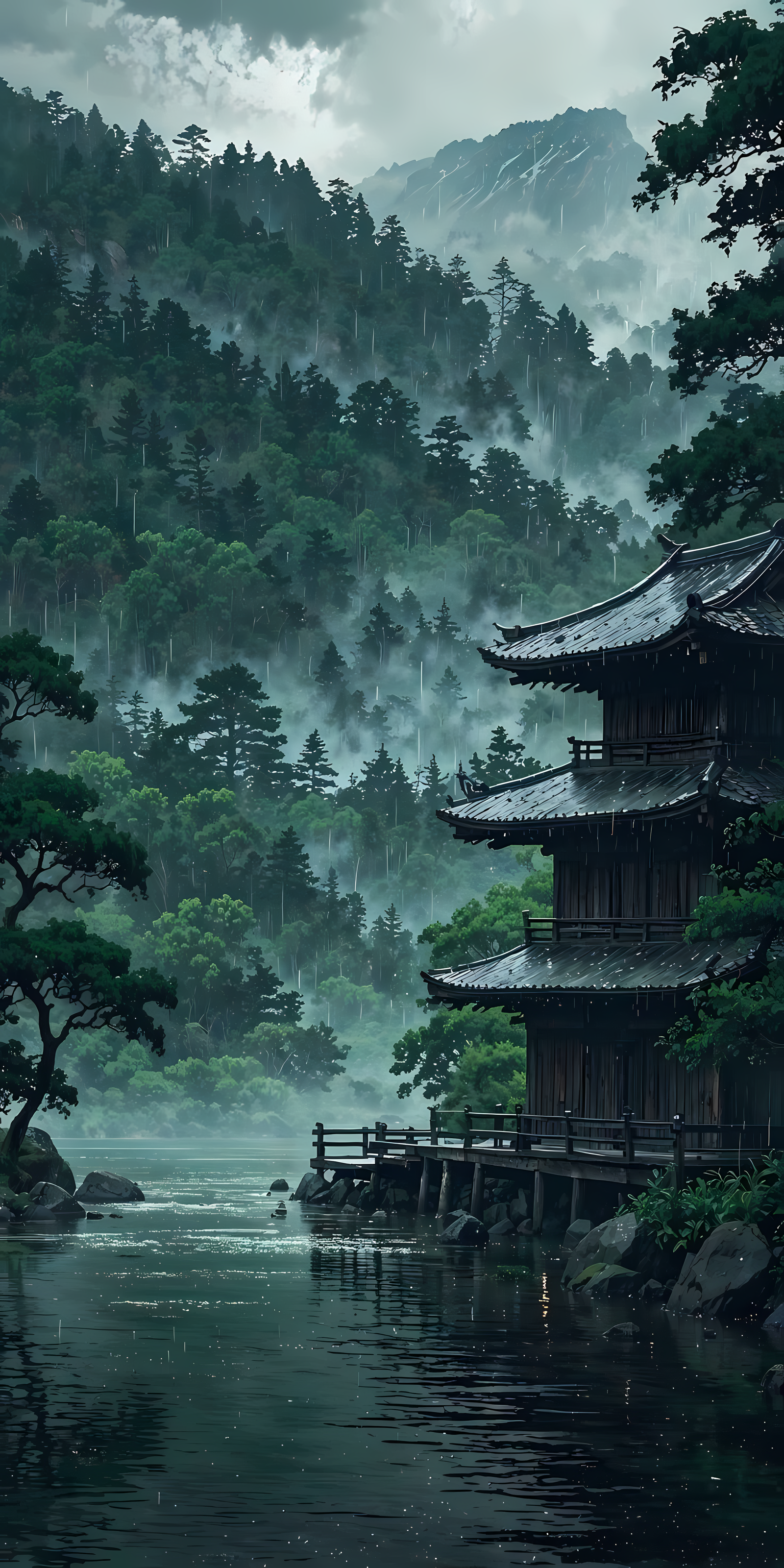 Rainy Pagoda by Misty Mountains 4K Mobile
 Wallpaper | WatchOut Walls